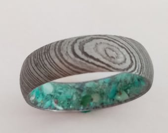 Handmade Damascus Steel Men's Ring: Turquoise Stone Wedding Band
