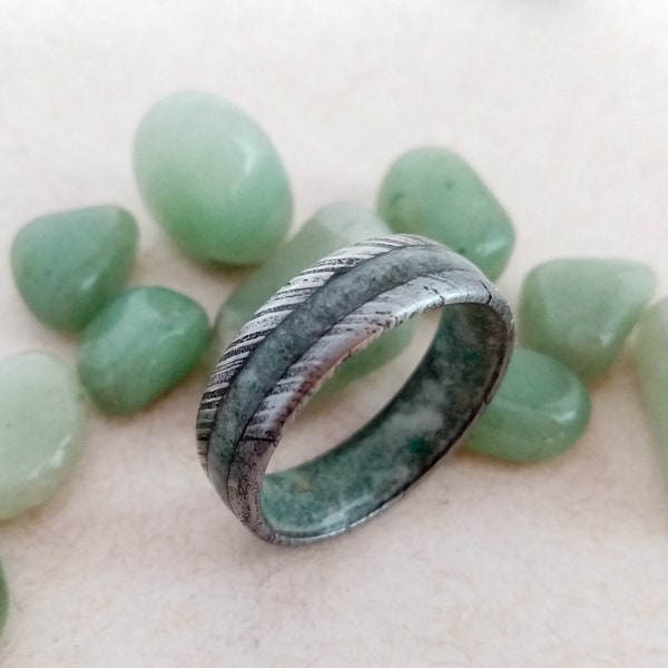 Damascus steel wedding band his and hers, Raw stone ring  natural green Jade, Mens alternative Engagement band, Womens Promise ring, Boho