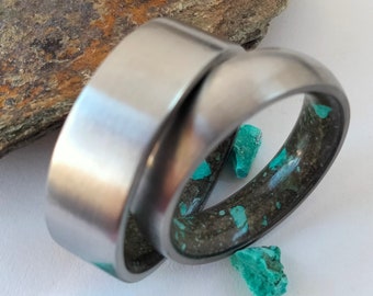 Mens wedding rings, Womens wedding rings, His and hers weding bands, Titanium Engagement bands, Matching rings, Petrified wood and Turquoise