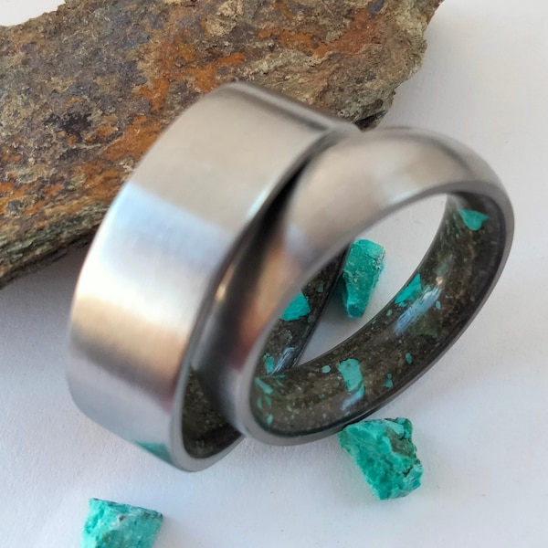 Mens wedding rings, Womens wedding rings, His and hers weding bands, Titanium Engagement bands, Matching rings, Petrified wood and Turquoise