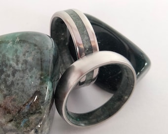Moss Agate Titanium Ring Set: His & Hers Wedding Bands