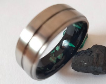 Titanium Wedding Band: Black Tourmaline & Green Malachite Stone Inlay