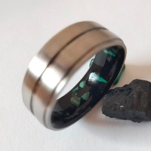 Unique mens Wedding ring titanium band Black Tourmaline stone and Green Malachite stone inside, His and hers crystal Engagement unisex ring