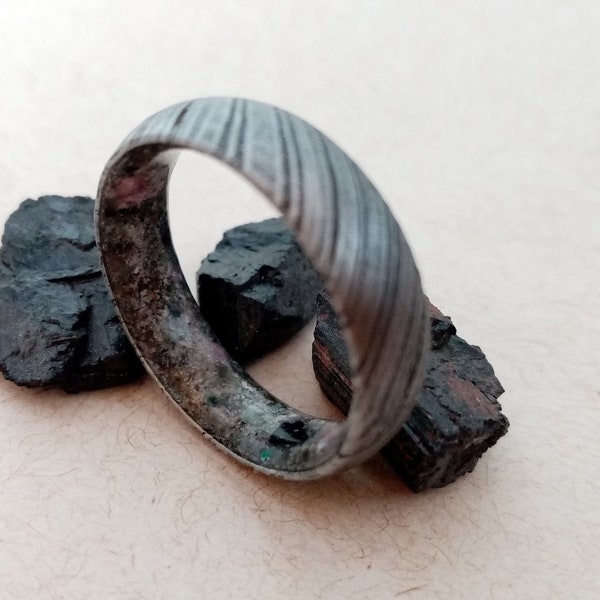 Damascus steel ring, Mix Watermelon Tourmaline ring and Black Tourmaline inside, Woman wedding band, Mens wedding ring, His and her, Unisex