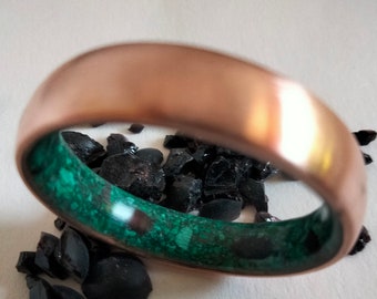 Handmade Copper Ring: Raw Malachite & Garnet Stone Band
