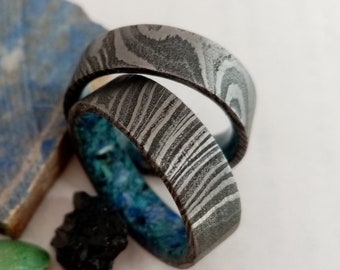 Male rings, Mens/Womens Damascus steel band, Ring for man, Lapis lazuli, Black Tourmaline, Turquoise, Rocks and geodes rings, Mix raw stone