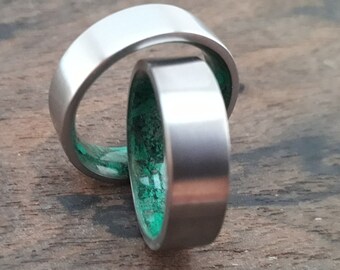 Titanium Wedding Band Set: Malachite Stone Inlay, Unisex Rings