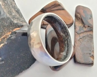 Hammered Titanium Wedding Band: Rustic Tiger Eye & Obsidian Stone Ring