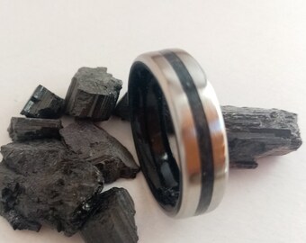 Ring men -wedding, Ring men stone, Mens ring, Mens wedding band, Titanium wedding band, Tourmaline Stone, Mix Raw stone, Black ring, 7mm