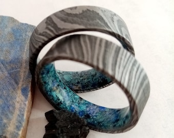 Damascus steel set rings, Raw stone, Lapis lazuli, Black Tourmaline, Turquoise, Gemstone rings, Matching rings, His and hers ring, Two rings