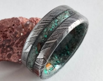 Handmade Damascus Steel Ring: Malachite & Fire Opal Gemstone Band