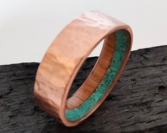 Womens rings, Man wedding band, Raw stone ring, Cooper band, Turquoise stone, Whiskey barrel wood, 7mm band, His and hers ring, Hammered