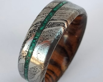 Male rings, Green Malachite Stone Inlaid Wedding Band, Damascus Ring, His and hers Ring, Taurus Birthstone, Promise Ring, Bocote wood ring
