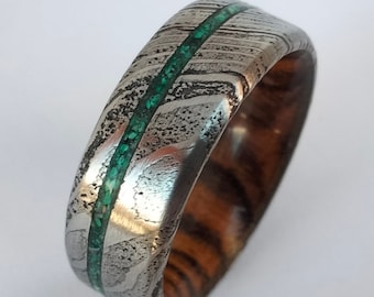 Green Malachite Stone Inlaid Men's Wedding Band, Damascus steel Ring, His and hers Ring, Taurus Birthstone, Promise Ring, Bocote wood ring