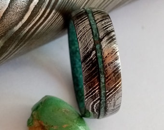Handmade Damascus Steel Ring: Turquoise Stone Inlay, Unisex Band