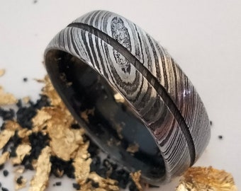 Damascus Steel Ring: Black Tourmaline Protection Band, Unisex Wedding Jewelry