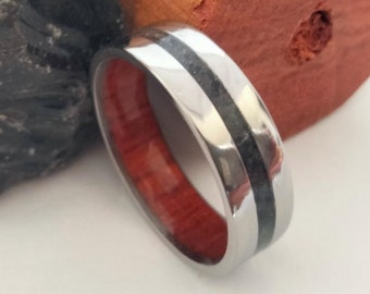 Gift for womens, Rings for womens, Rings for mens, Hipoallergenic titanium rings, Black Obsidian stone rings, Red heart wood, His and hers