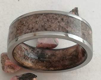 Rhodonite Stone Wedding Ring: Raw Gemstone Titanium Band, Unisex 8mm