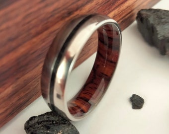Elegant ring, Man wedding, Cocobolo wood and Black Tourmaline stone, Titanium engagement band, His and hers rings, Boho style ring, 6mm band