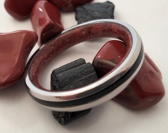Stone wedding band his and hers, Engagement band unisex, Promise stone ring, Black and red stone, Tourmaline stone, Bloodstone, Unique ring