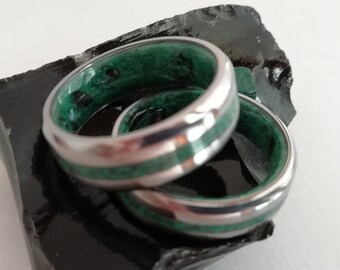 Set rings, Matching wedding bands Malachite stone and Black Obsidian stone, Raw stone, Mens rings, Womens rings, His and hers anniversary
