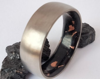 Silver titanium rings, Mixes metal rings, Black Tourmaline stone Recycled pieces of copper, Ecological ring, Crystal ring, Unisex rings