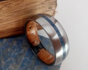 Mens wedding band, Wedding band womens, Bourbon barrel wood, Raw Lapis lazuli, Whiskey barrel wood, Unique engagement ring, Exclusive ring