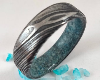 Damascus Steel Ring: Natural Aquamarine Stone Wedding Band