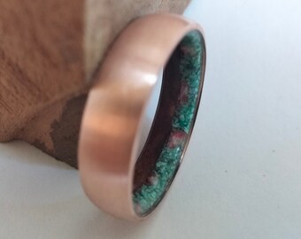 Handmade Copper Wedding Band: Redwood, Coral & Turquoise Inlay