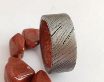 Handmade Damascus Steel Ring with Bloodstone Inlay