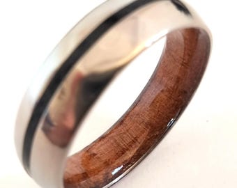 Gift for men's wedding ring, Hypoallergenic titanium band with Walnut wood and a line of 1mm natural black Tourmaline stone on the outside