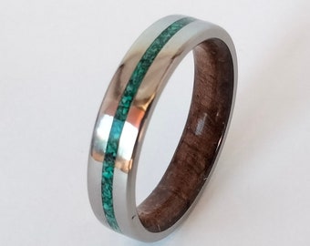 Boho engagement ring, Mens wedding band, Christmas gift ring, Rock and Geodes, Malachite stone, Koa wood, Titanium wedding band, Mens ring