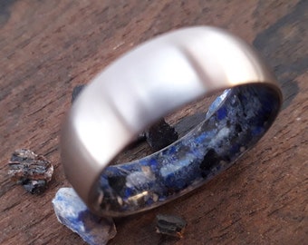 Matte Titanium Mens Wedding Band: Black Tourmaline & Lapis Lazuli Ring
