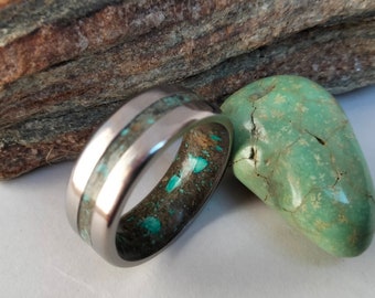 Turquoise Petrified Wood Ring: Titanium Wedding Band