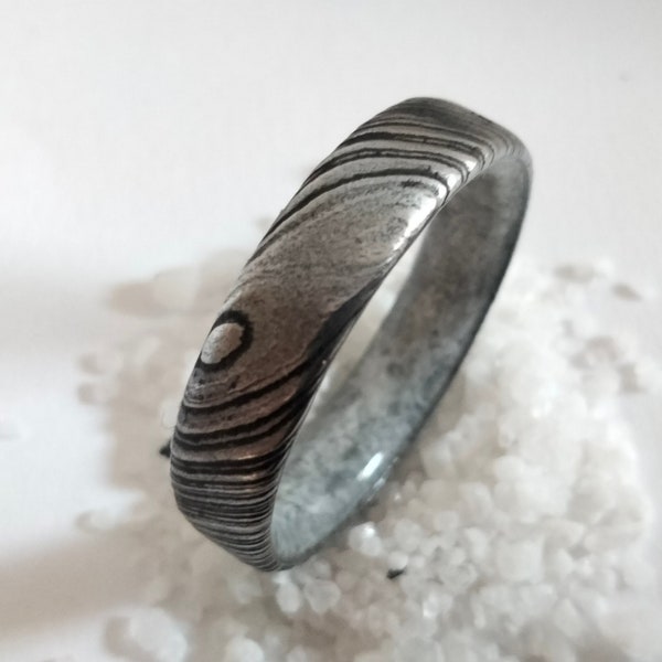Gift for those born in June, Damascus steel ring with moonstone inside, Man wedding band, Womens promise rings, His and hers Engagement band