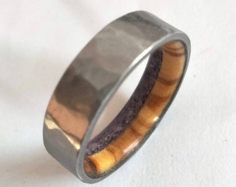 Hammered Titanium Ring: Olive Wood & Amethyst Unisex Band