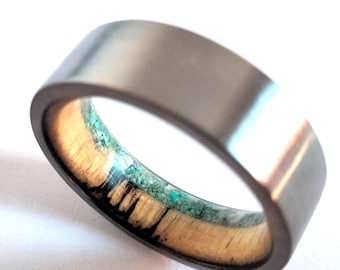 Wedding & Engagement, Mens rings, Christmas gift for mens, Brushed titanium square 8mm  band, Turquoise stone, Pearl, Spalted maple wood