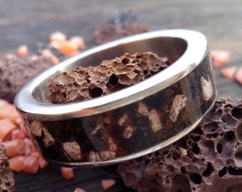 Wedding jewelry, Band Women, Boho Titanium Rings, Rings for Women, Mix of Volcanic Rock Natural Coral Women Engagement Ring 6mm Unisex Band
