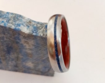 California Redwood Ring Titanium Wedding Ring Lapis Lazuli Ring Raw Stone Ring His and Hers Handmade Jewelry Wooden Ring Stone Ring 6mm