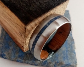Raw stone ring, Whiskey Barrel Wood, Lapiz lazuli Stone, Titanium wedding, Boho Rings, Mens Wedding Band, Womens rings, Engagement band