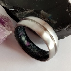 Black stone, Purple stone, Titanium band, Obsidian and Amethyst, His and her, Raw stone, Boho ring, Gay wedding band, Lesbian wedding ring