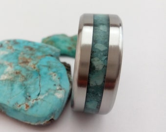 Sleeping Beauty Turquoise Titanium Ring - Beveled Edge Wedding Band