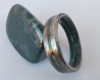 Damascus Steel Ring: Natural Moss Agate Stone, Unisex Wedding Band