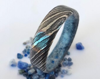 Damascus Steel Wedding Band: Sodalite Gemstone Ring, His & Hers