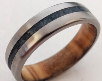 Gift for mens, Raw Lapis lazuli stone wedding ring, Olive wood, Titanium hipoallergenic band, His and hers rings