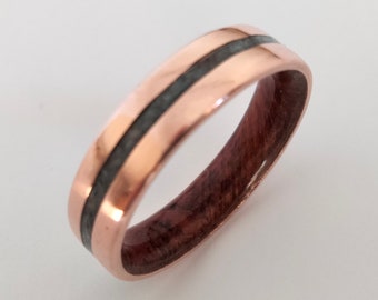 Wedding ring for mens, Anniversary copper band for mens or womens, Christmas gift ring, Blue Sapphire stone, Secuoya wood