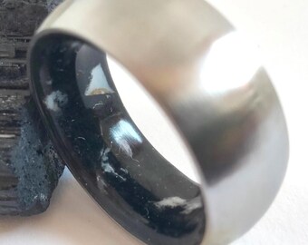 Mens wedding band, Womens rings, Mens gift, Black Tourmaline stone and white Abulon, Titanium hypoallergenic unisex band, Husband ring