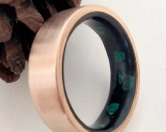 Gift for men, Black natural Tourmaline rings and Green natural Malachite stone ring, Bronze band his and hers, Christmas gift unisex jewelry