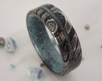 Blue Sapphire Damascus Steel Ring: Handmade Wedding Band