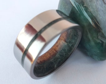 Moss agate ring, Koa wood, Mens stone rings, Wooden rings, Womens wedding band, Boho style ring, His and hers, Unique Engagement rings